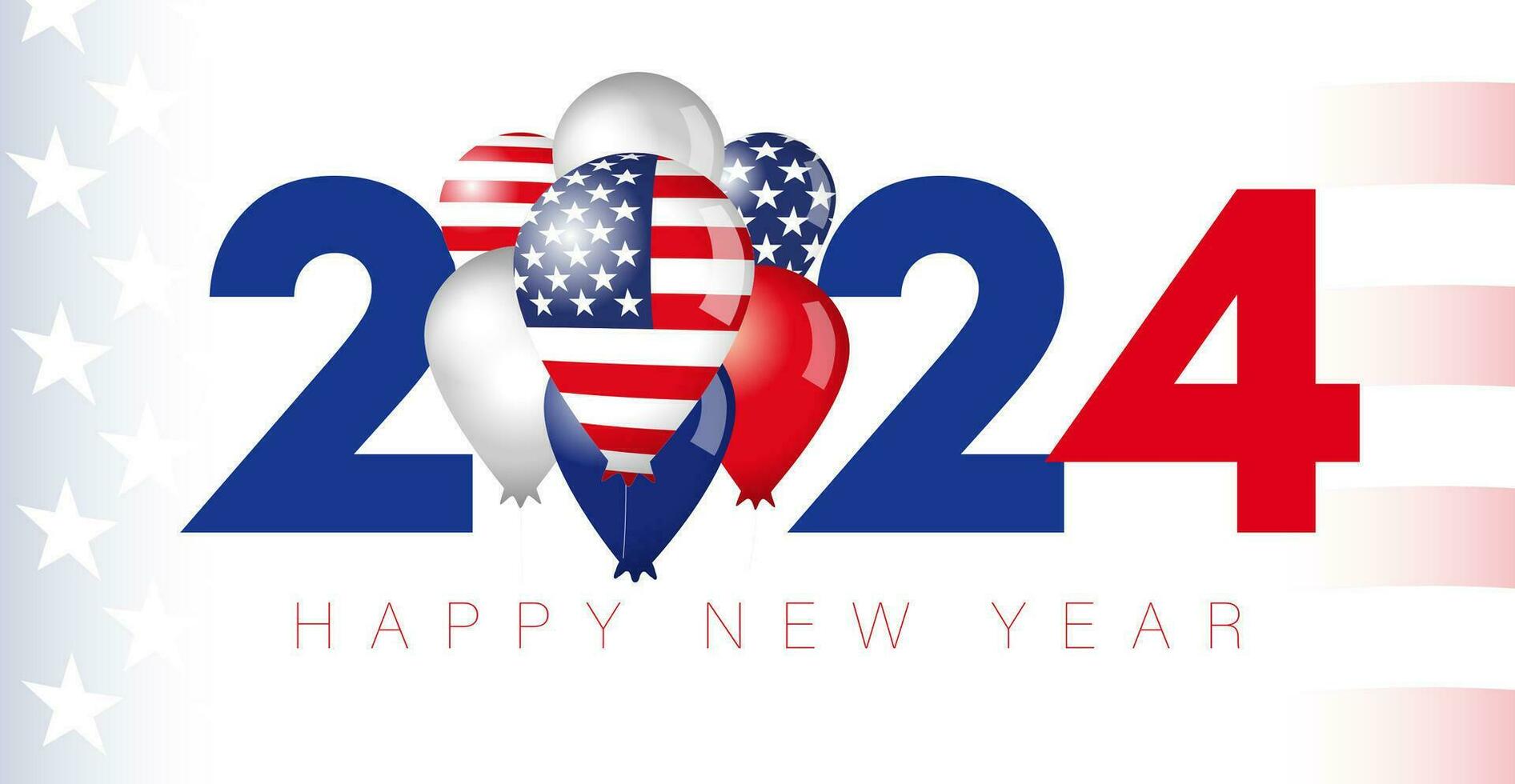 Happy New Year USA social media greetings. Voting 2024, election day symbol, creative idea. United States holiday banner design. US flag balloons. Background template. Invitation concept. vector