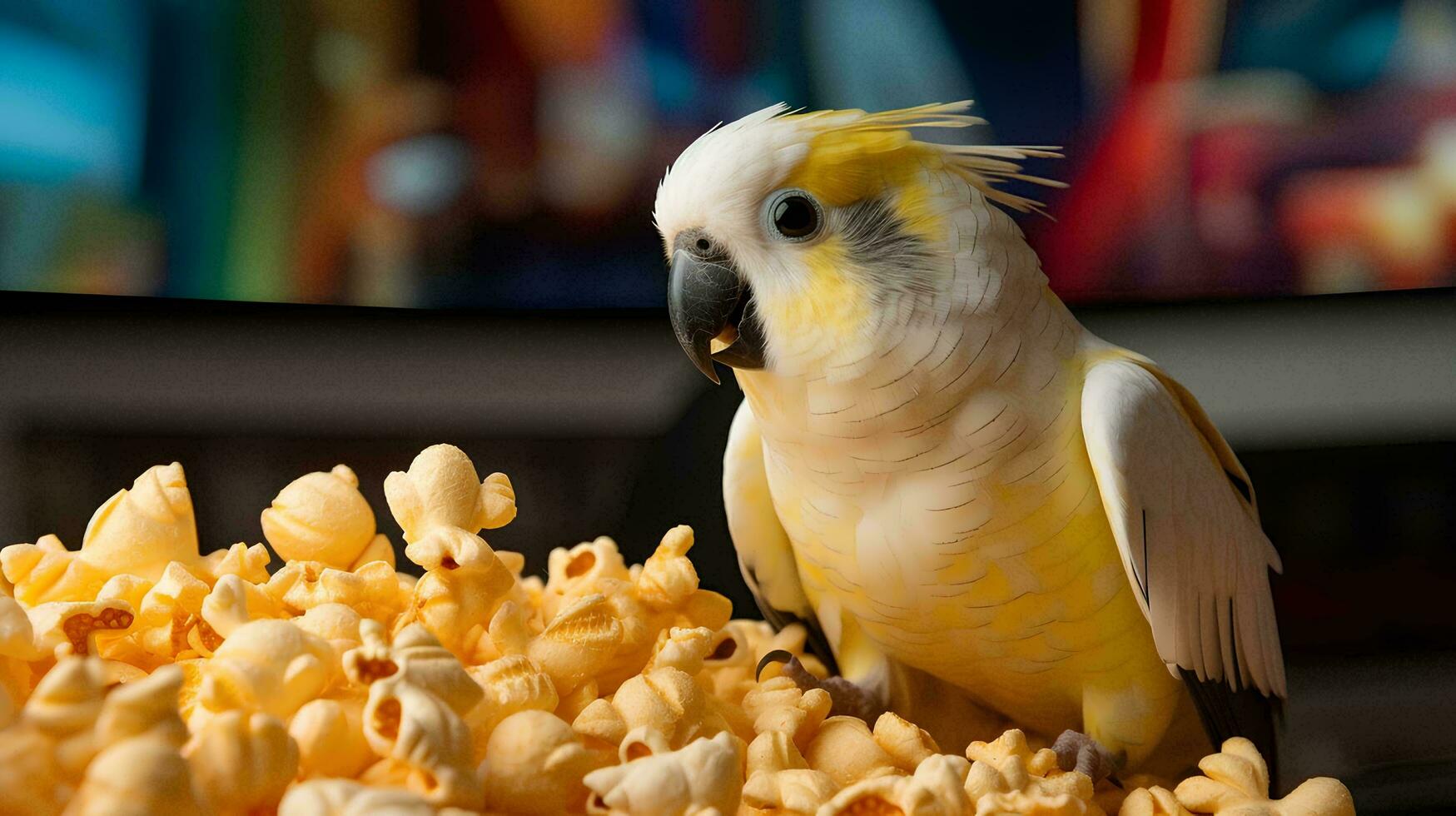 a yellow and white parrot sits on top of popcorn, AI Generative photo