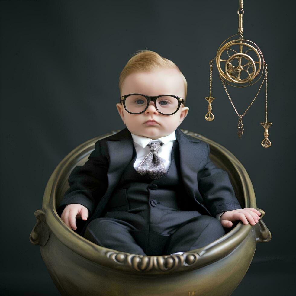 a 3 month old baby in a crib wearing a suit and round glasses with a necklace around his neck, AI Generative photo