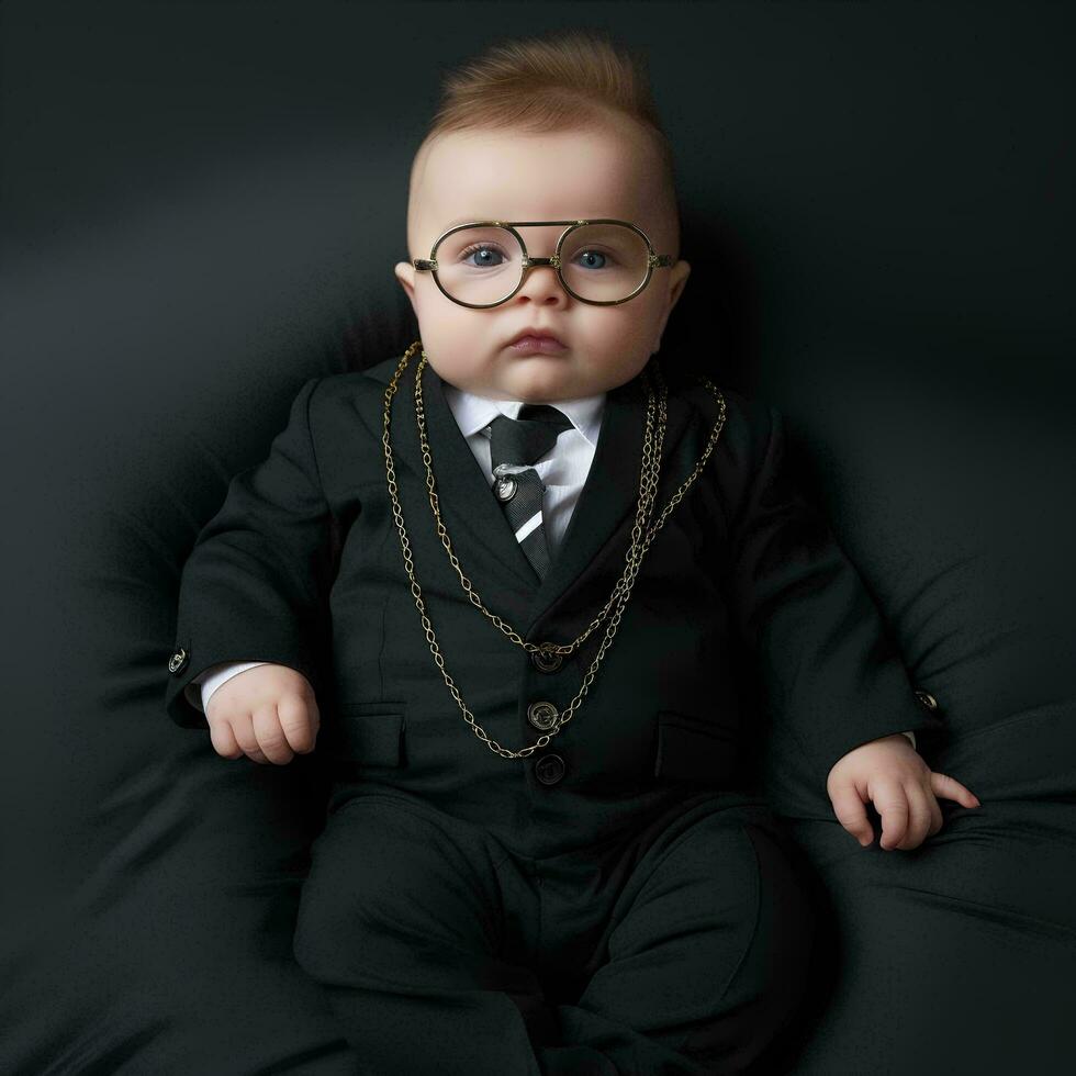 a baby wearing glasses and a suit was lying on a black sofa, AI Generative photo