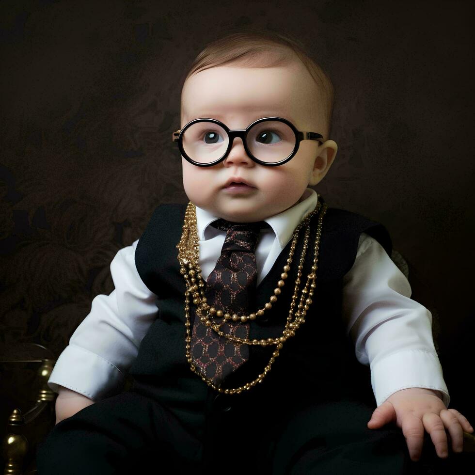 a baby wearing glasses and a suit with a chain necklace, AI Generative photo