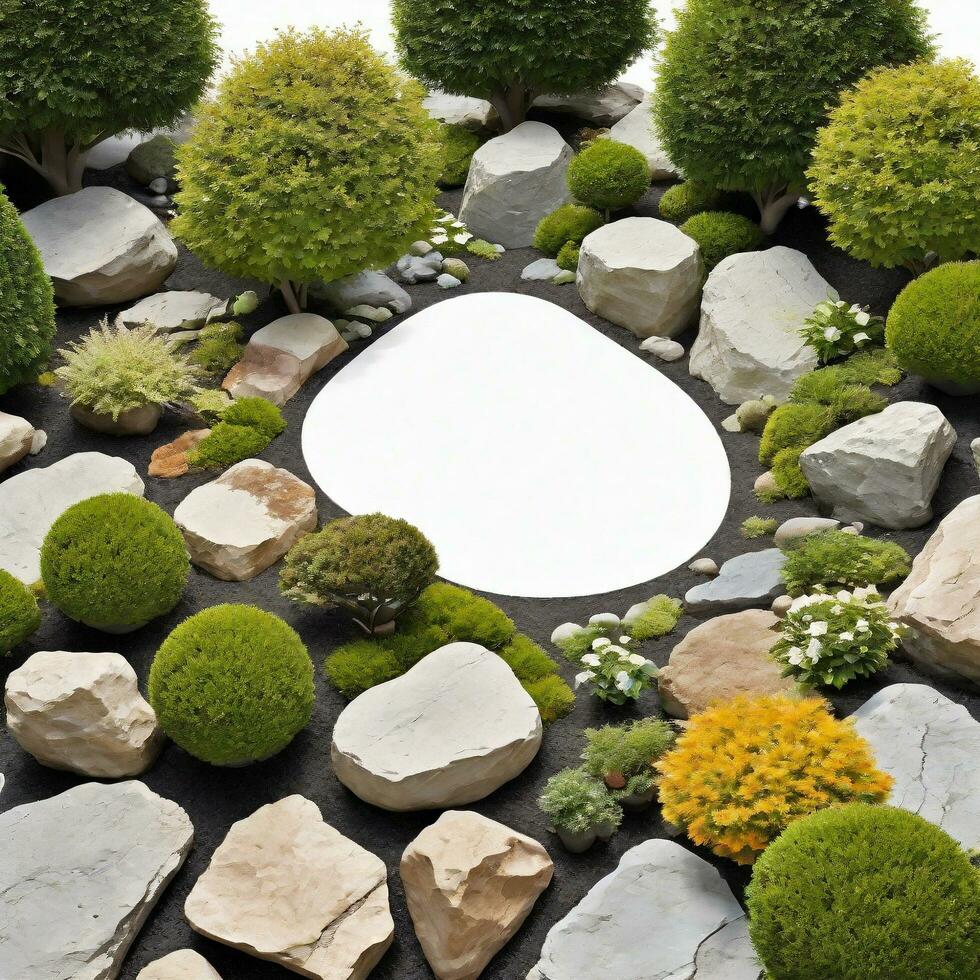 jardín decorado con rocas y flores y plantas aislado en blanco antecedentes. ai generativo foto