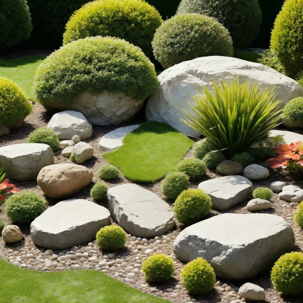 jardín decorado con rocas y flores y plantas aislado en blanco antecedentes. ai generativo foto