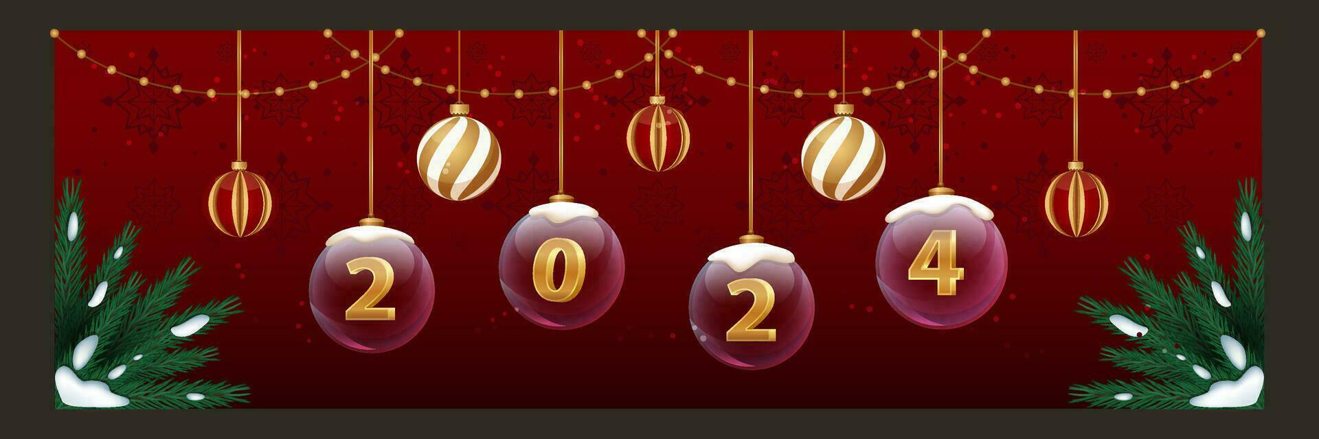 Horizontal 2024 New Year banner with fir branches and christmas tree balls. Winter holiday banner for greetings or advertisign vector