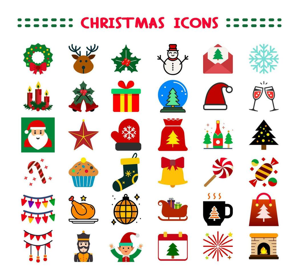 Christmas icons set. Xmas winter decorations isolated on white background. Cartoon colorful illustration. Color flat design. vector