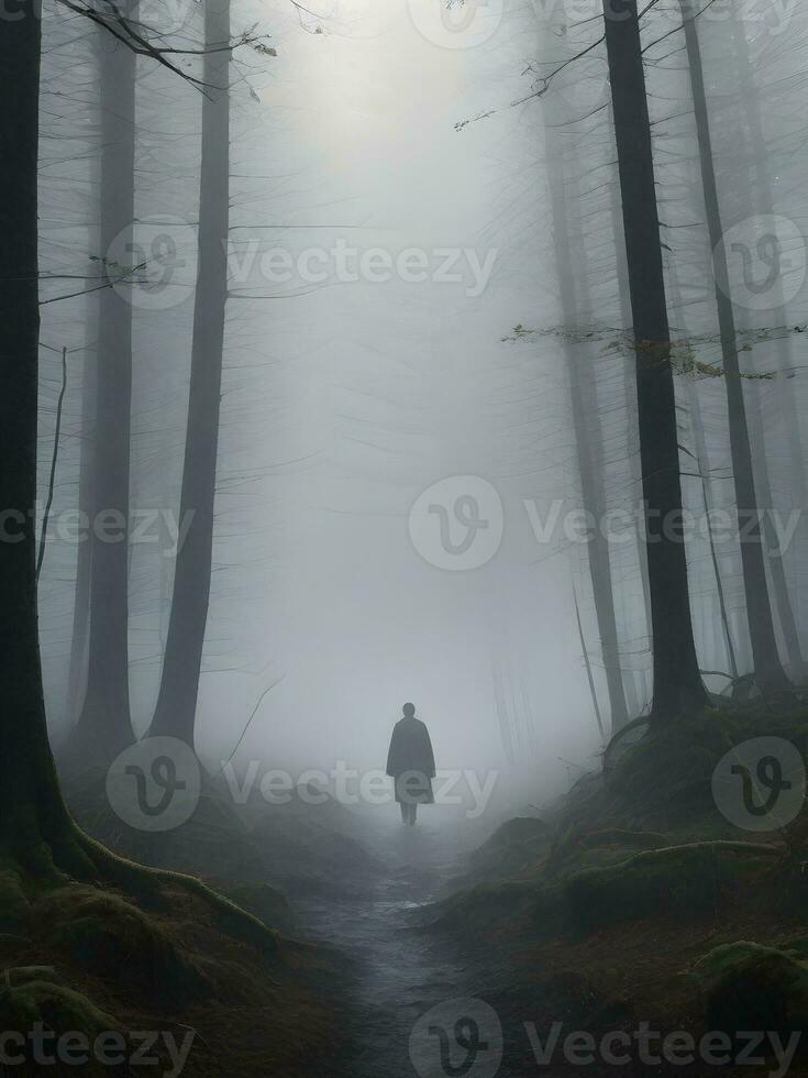 un solitario figura caminando mediante un brumoso bosque. ai generativo foto