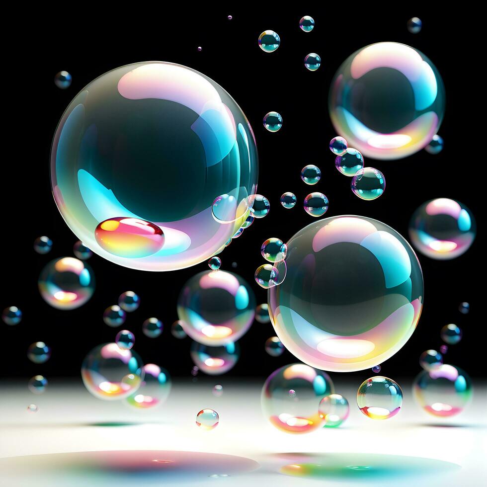 3d render of soap bubbles isolated on black background. ai generative photo