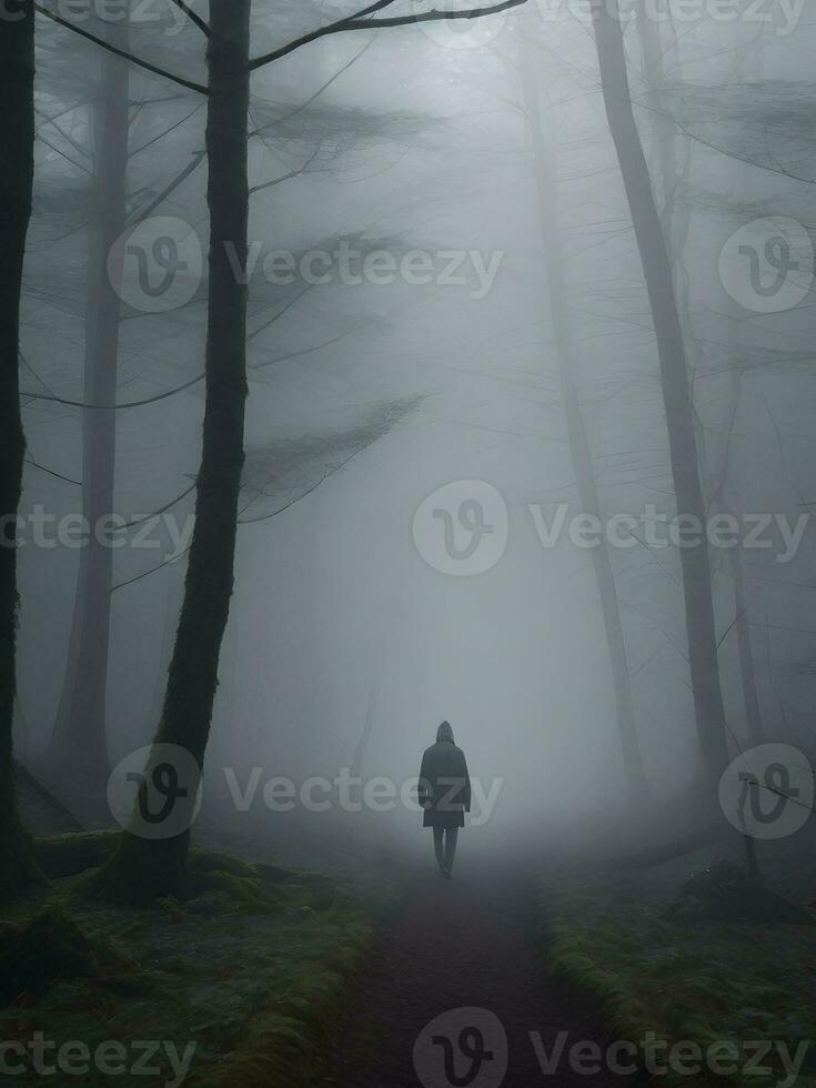 un solitario figura caminando mediante un brumoso bosque. ai generativo foto