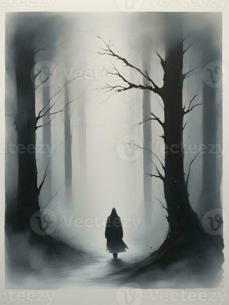 A solitary figure walking through a misty forest. ai generative photo