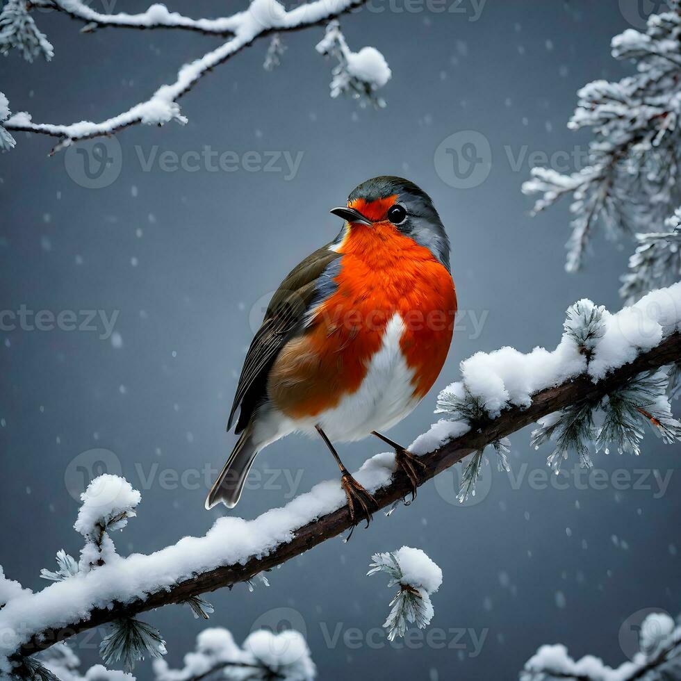 A red-breasted robin perched on a snow-covered branch. ai generative photo