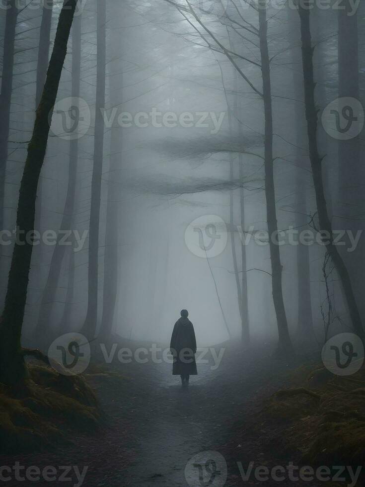 A solitary figure walking through a misty forest. ai generative photo