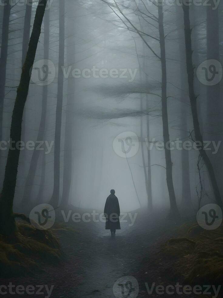 un solitario figura caminando mediante un brumoso bosque. ai generativo foto