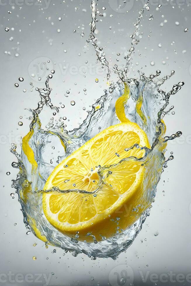 Water splashing on lemon in the style of precisionist art, Isolated white background. ai generative photo