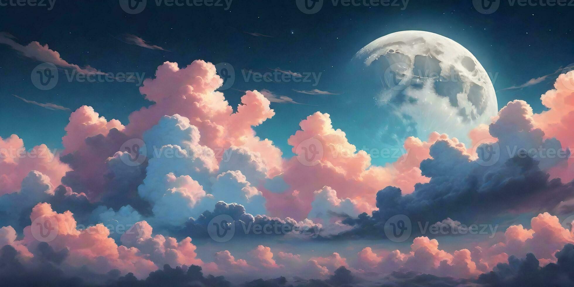 Background image about Fluffy clouds, beautiful colors and moon, modern aesthetic style. ai generative photo
