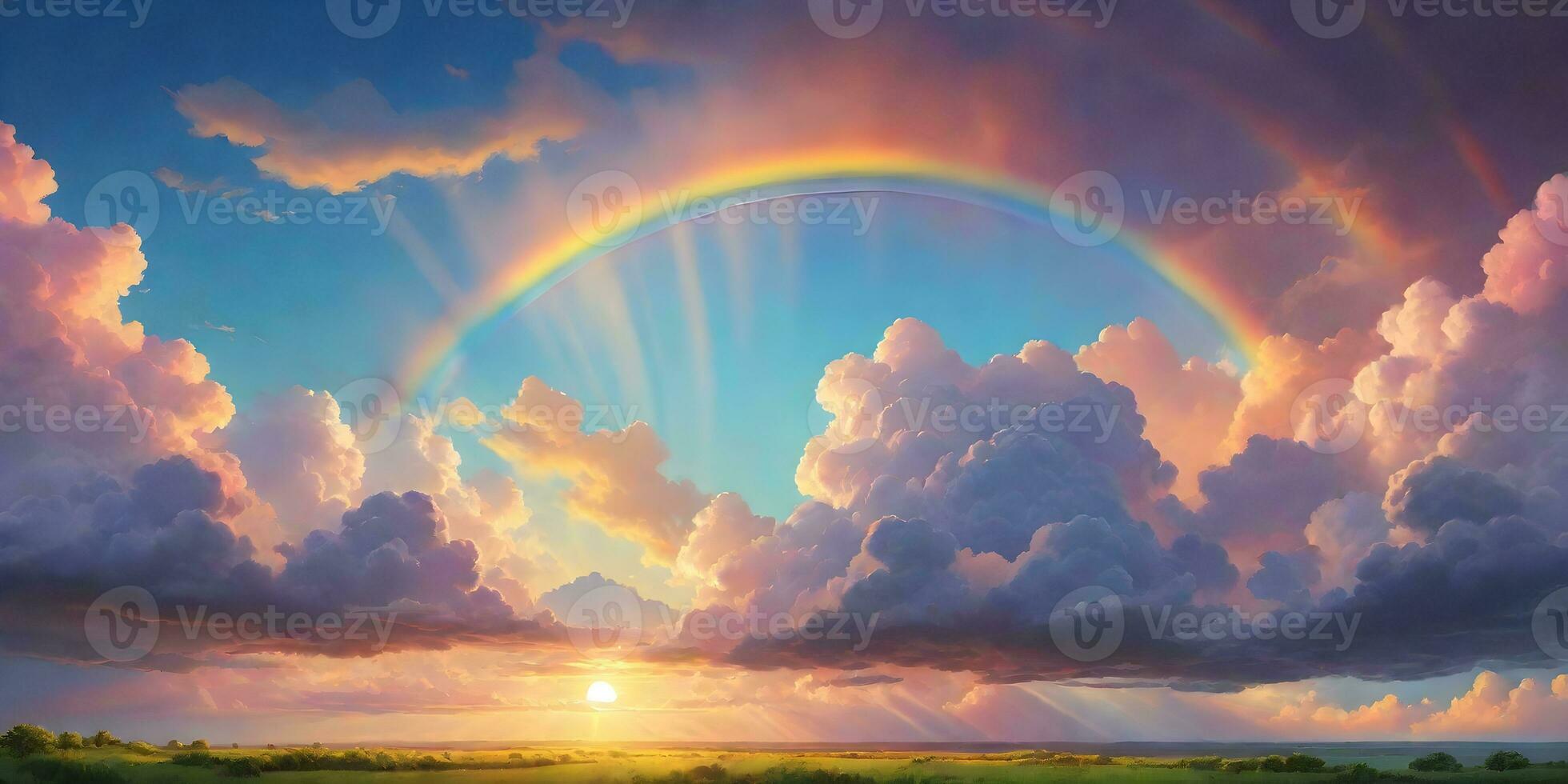 Background image about clouds, rainbow, evening sun. ai generative photo