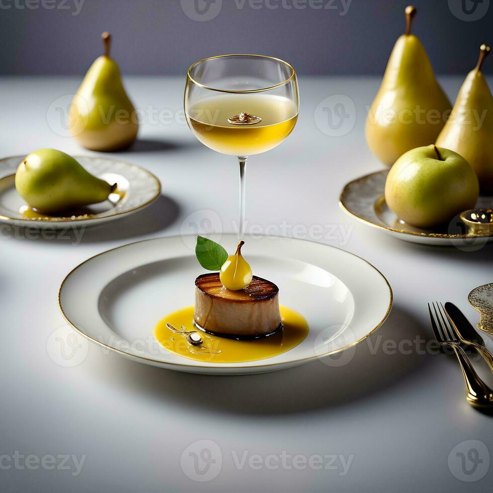 a visually striking plate of seared foie gras accented with a delicate pear and sauterne compote. ai generative photo