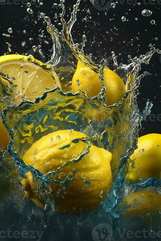 Water splashing on lemon in the style of precisionist art, Isolated white background. ai generative photo