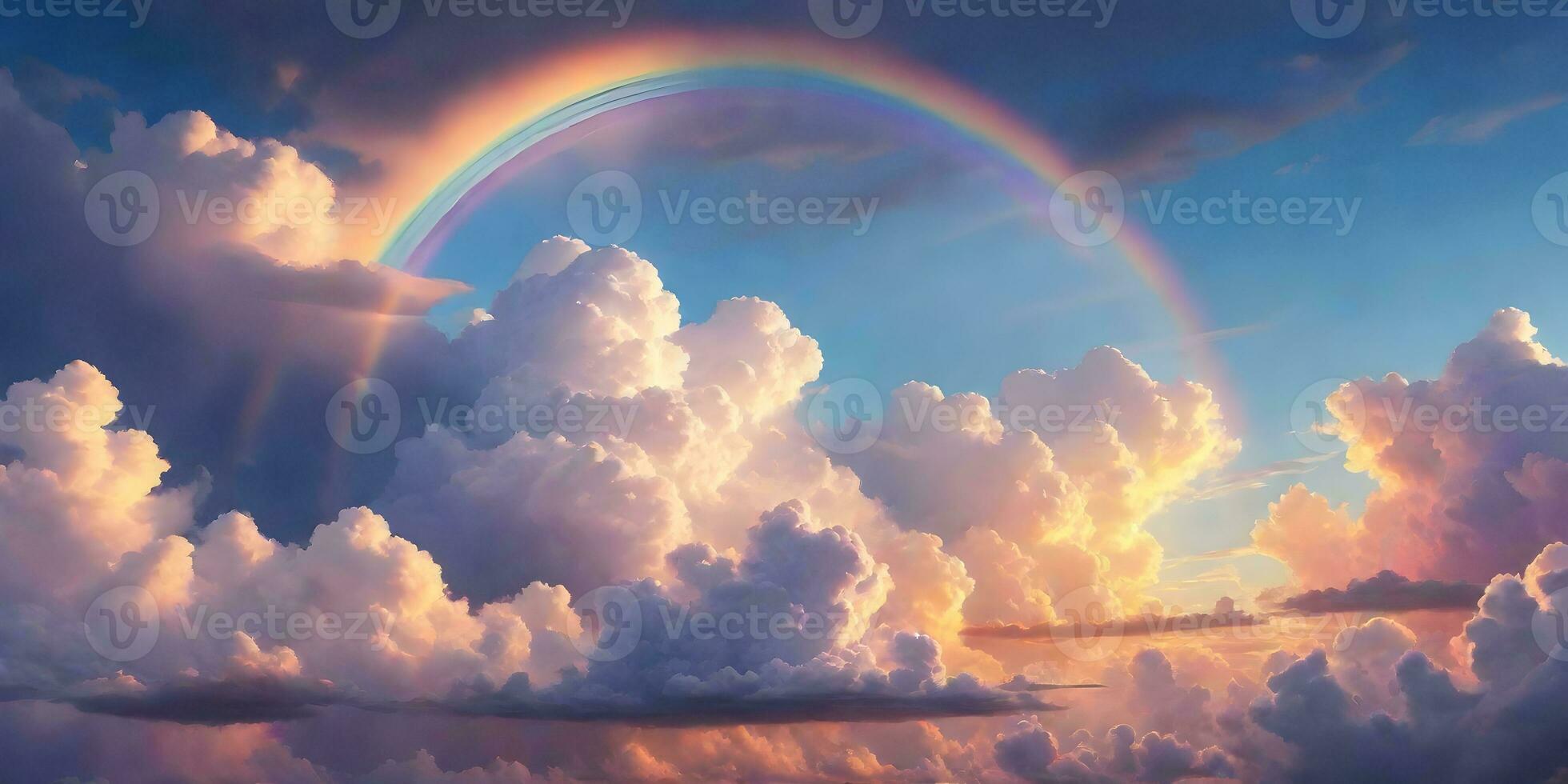 Background image about clouds, rainbow, evening sun. ai generative photo