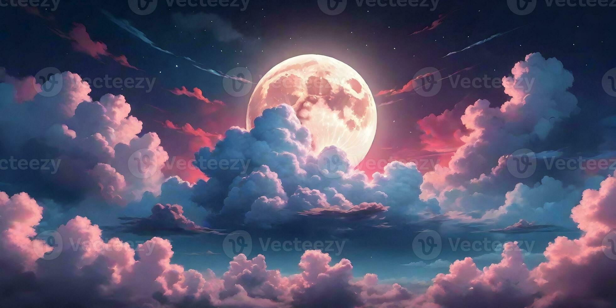Background image about Fluffy clouds, beautiful colors and moon, modern aesthetic style. ai generative photo