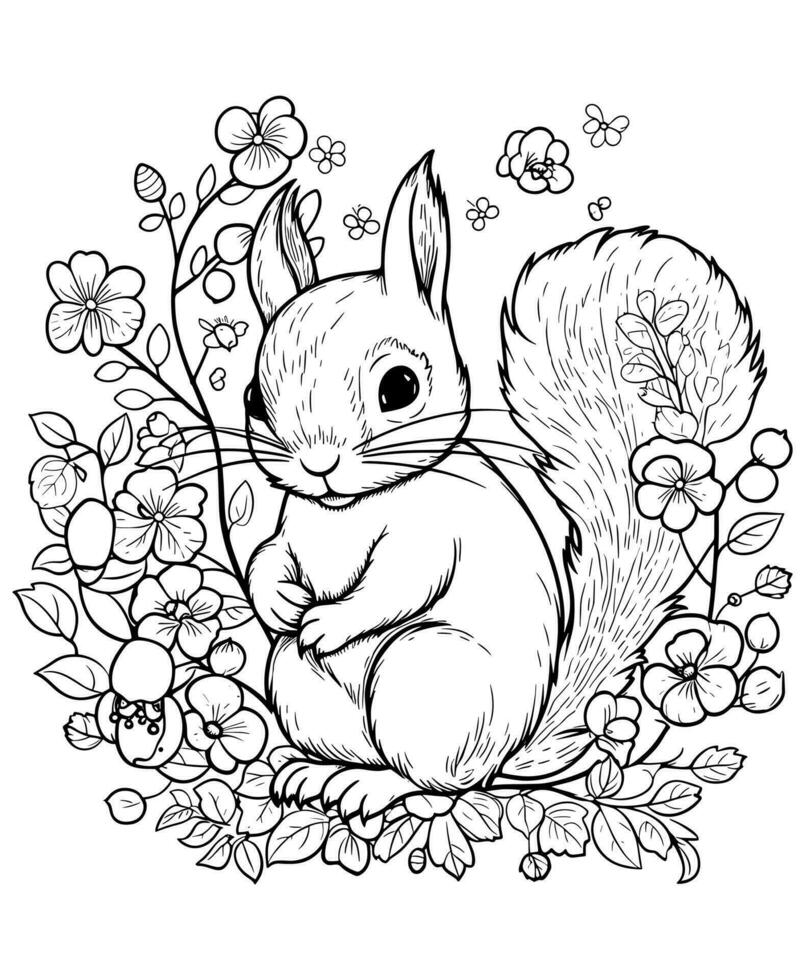 Squirrel flower coloring page vector