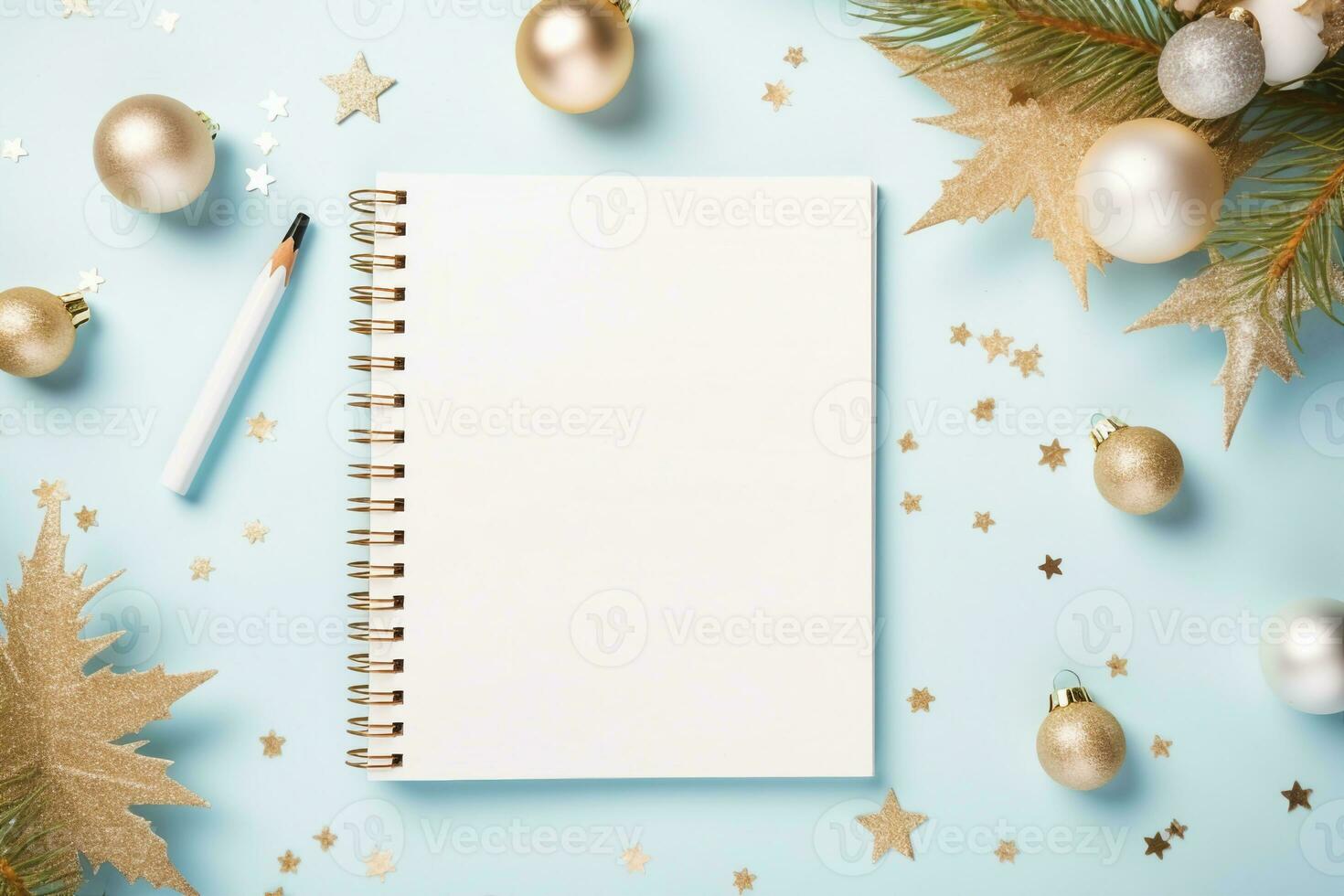 Top view blank diary page pastel, Festive Christmas things decorations beside, Space for Adding Text, AI-generated photo