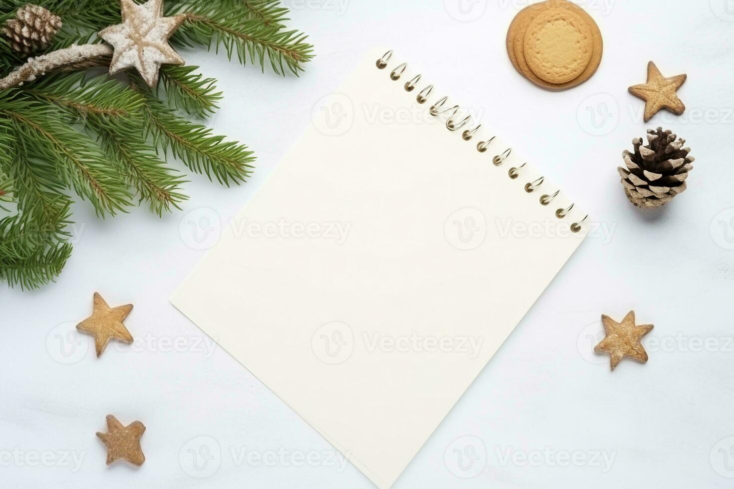 parte superior ver blanco diario página pastel, festivo Navidad cosas decoraciones al lado de, espacio para agregando texto, generado por ai foto