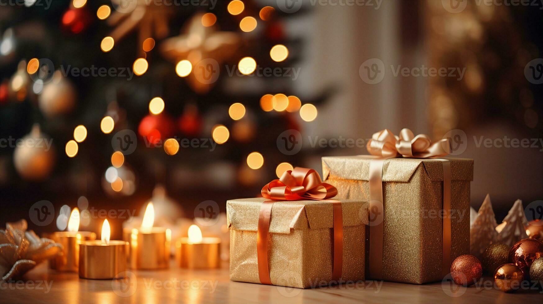 Cozy Christmas Decorations in a Living Room with a Glowing Bokeh Blur Background, Ornaments, and Gold-Wrapped Gifts, AI-generated photo