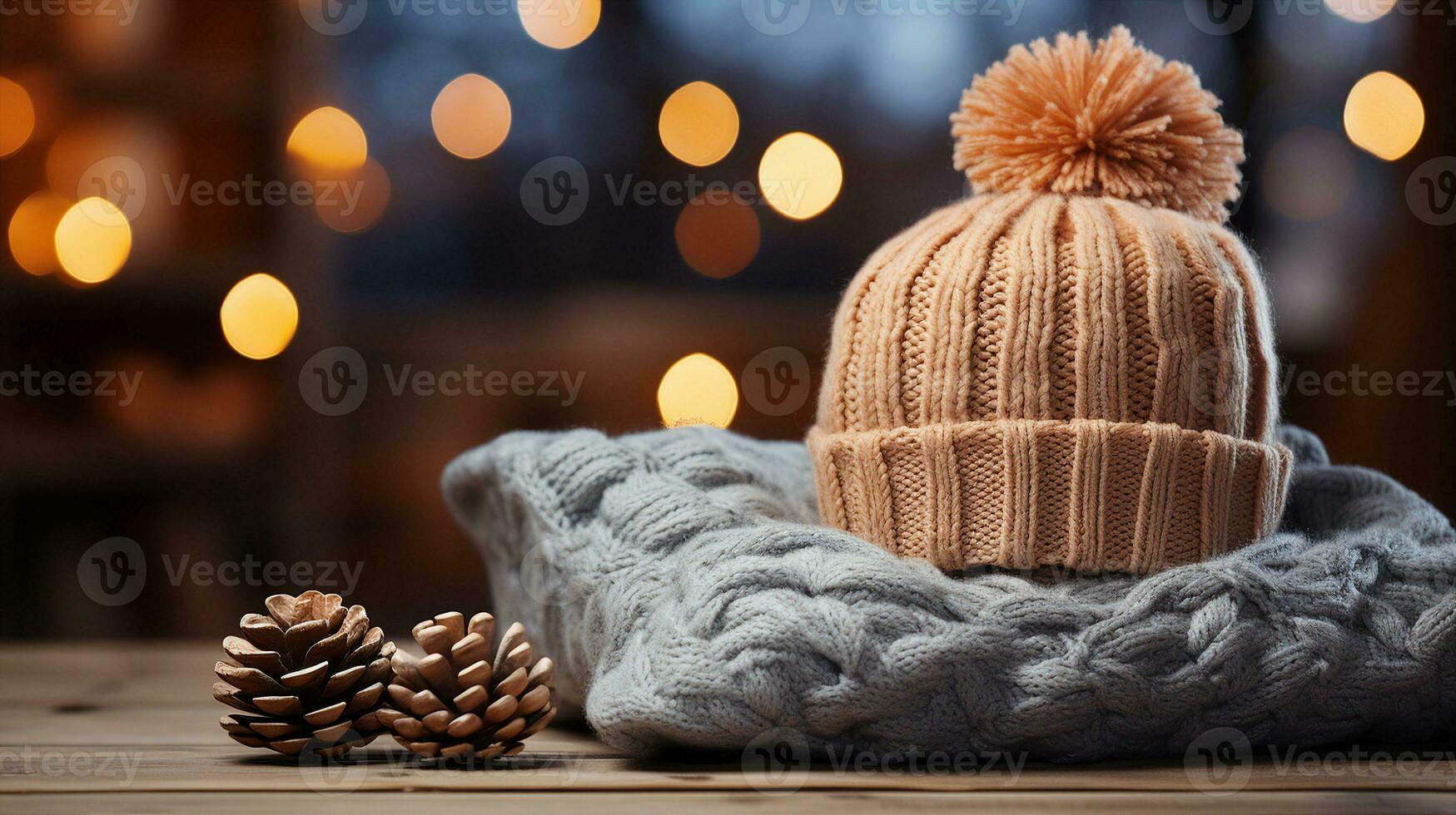 Inviting Holiday Home Decor Woolen Knitting hat on Wood Table, Snowflakes, and Warm, Warm Winter Interior with Soft Colors Cozy Atmosphere in Living Room, AI-generated photo