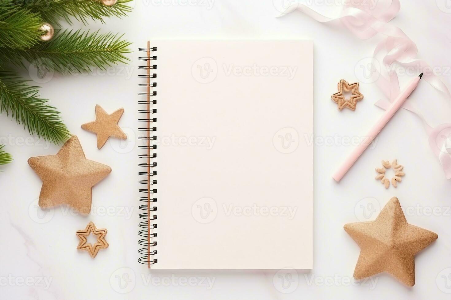 Top view blank diary page pastel, Festive Christmas things decorations beside, Space for Adding Text, AI-generated photo