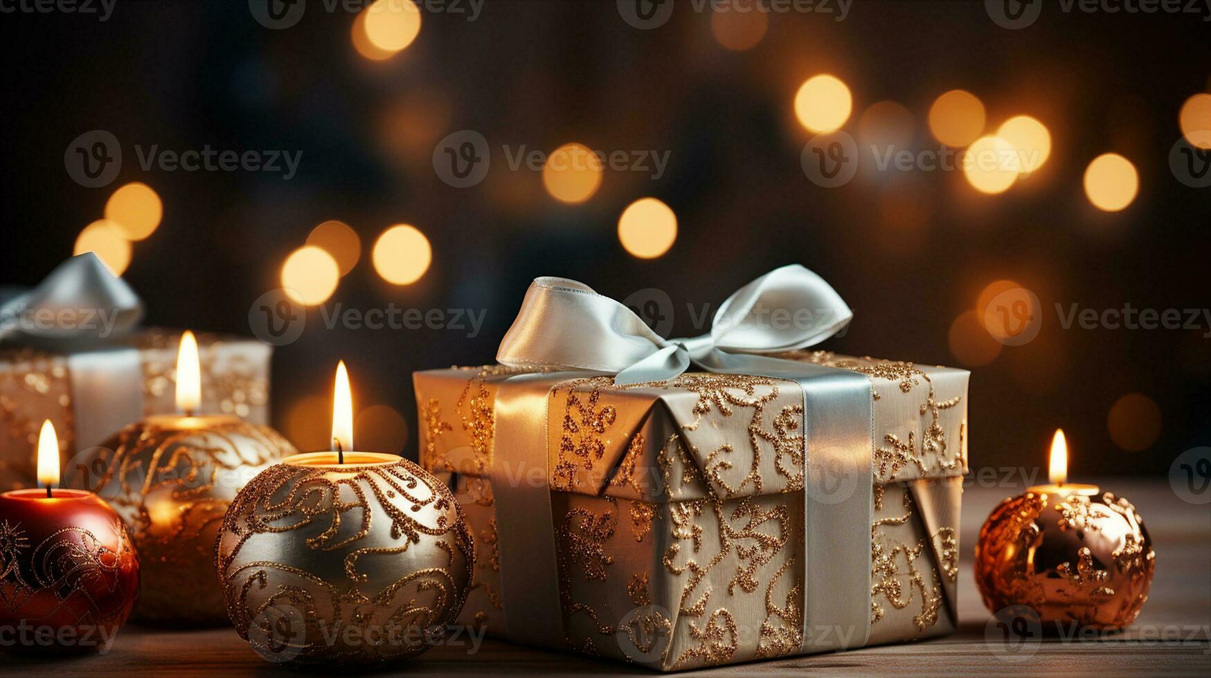 Cozy Christmas Decorations in a Living Room with a Glowing Bokeh Blur Background, Ornaments, and Gold-Wrapped Gifts, AI-generated photo