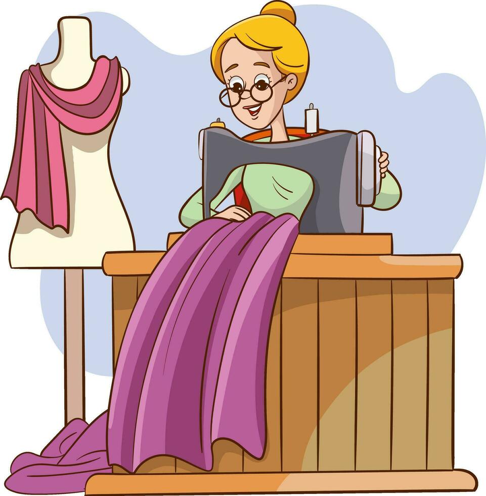 Illustration of a Seamstress Woman Sewing Fabric on the Sewing Machine vector