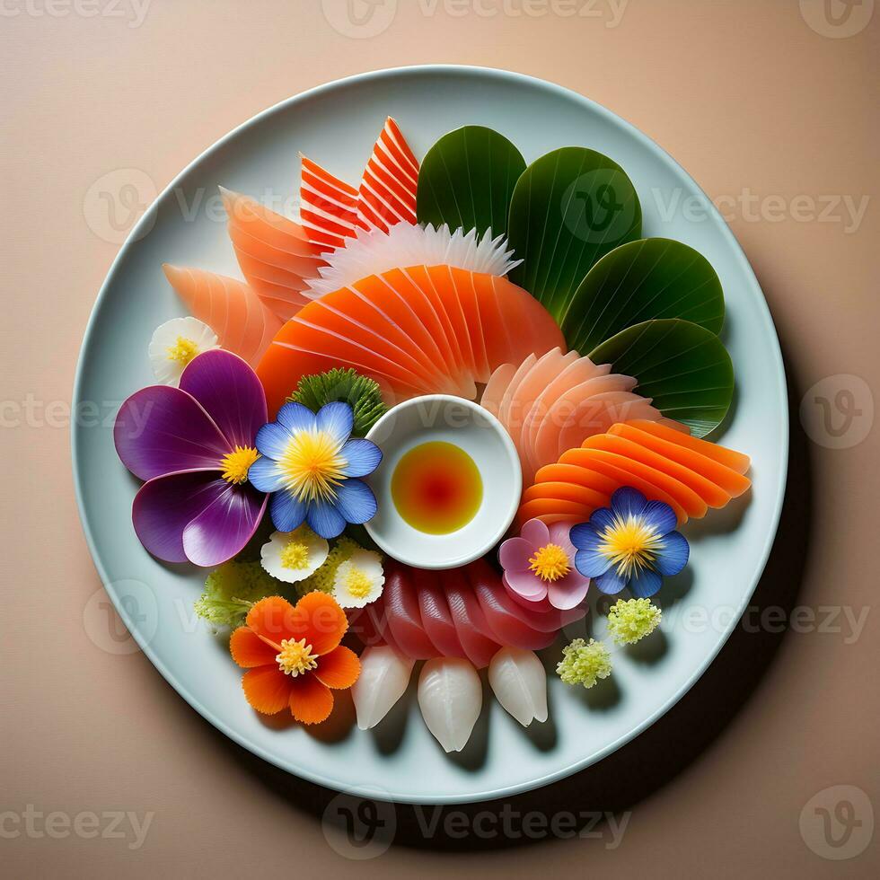 a white plate topped with sushi and vegetables, amazing food photography. ai generative photo