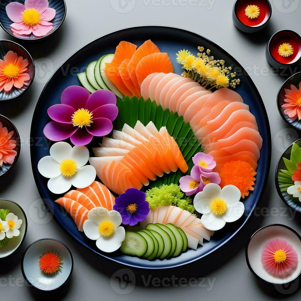 a black plate topped with sushi and vegetables, amazing food photography. ai generative photo