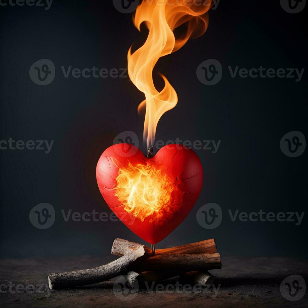 Burning heart on dark background. ai generative photo