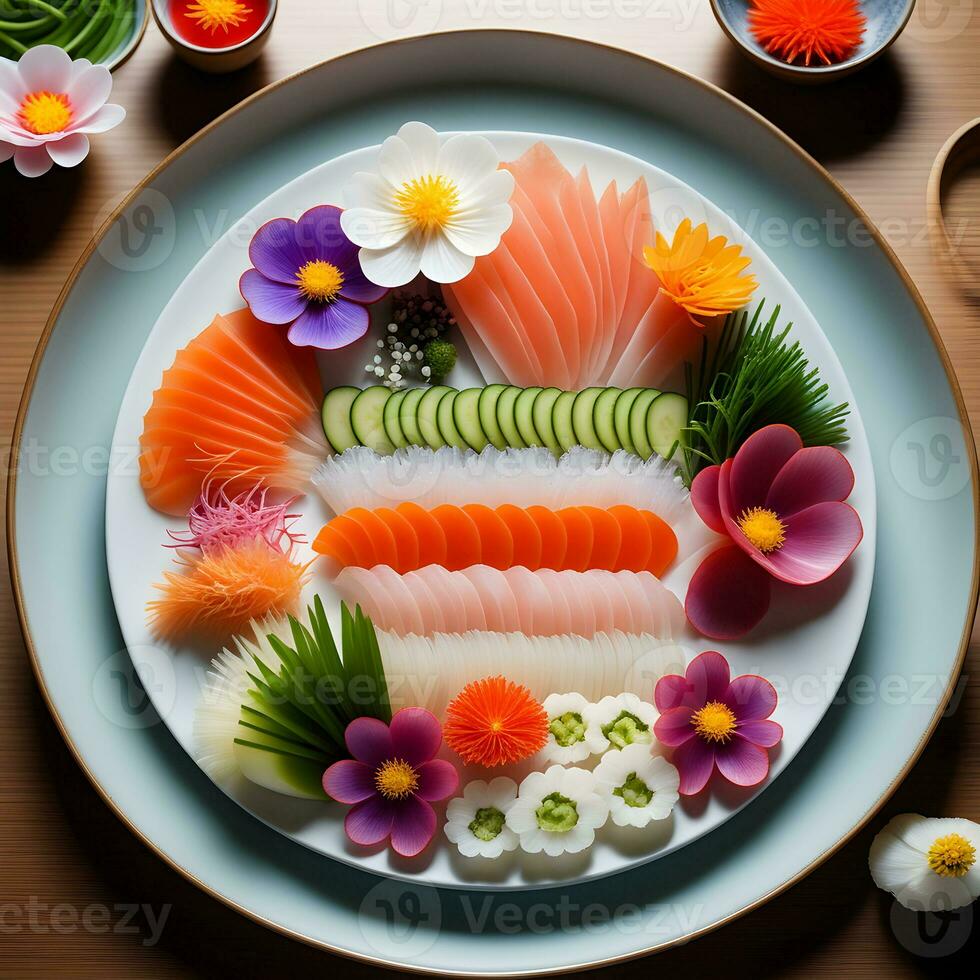 a white plate topped with sushi and vegetables, amazing food photography. ai generative photo