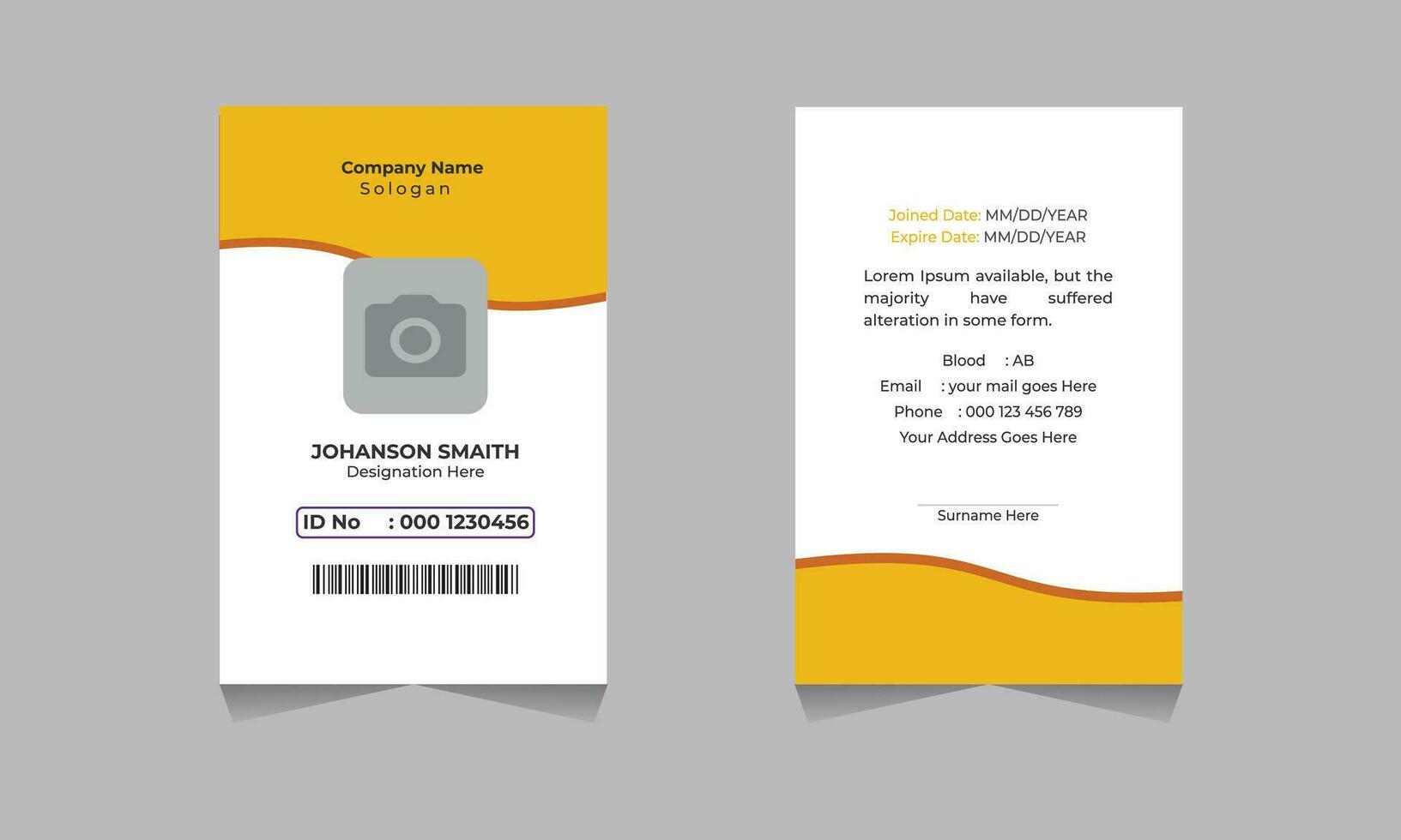 profesional carné de identidad tarjeta diseño modelo con amarillo color. corporativo moderno negocio carné de identidad tarjeta diseño modelo. empresa empleado carné de identidad tarjeta modelo. gratis vector