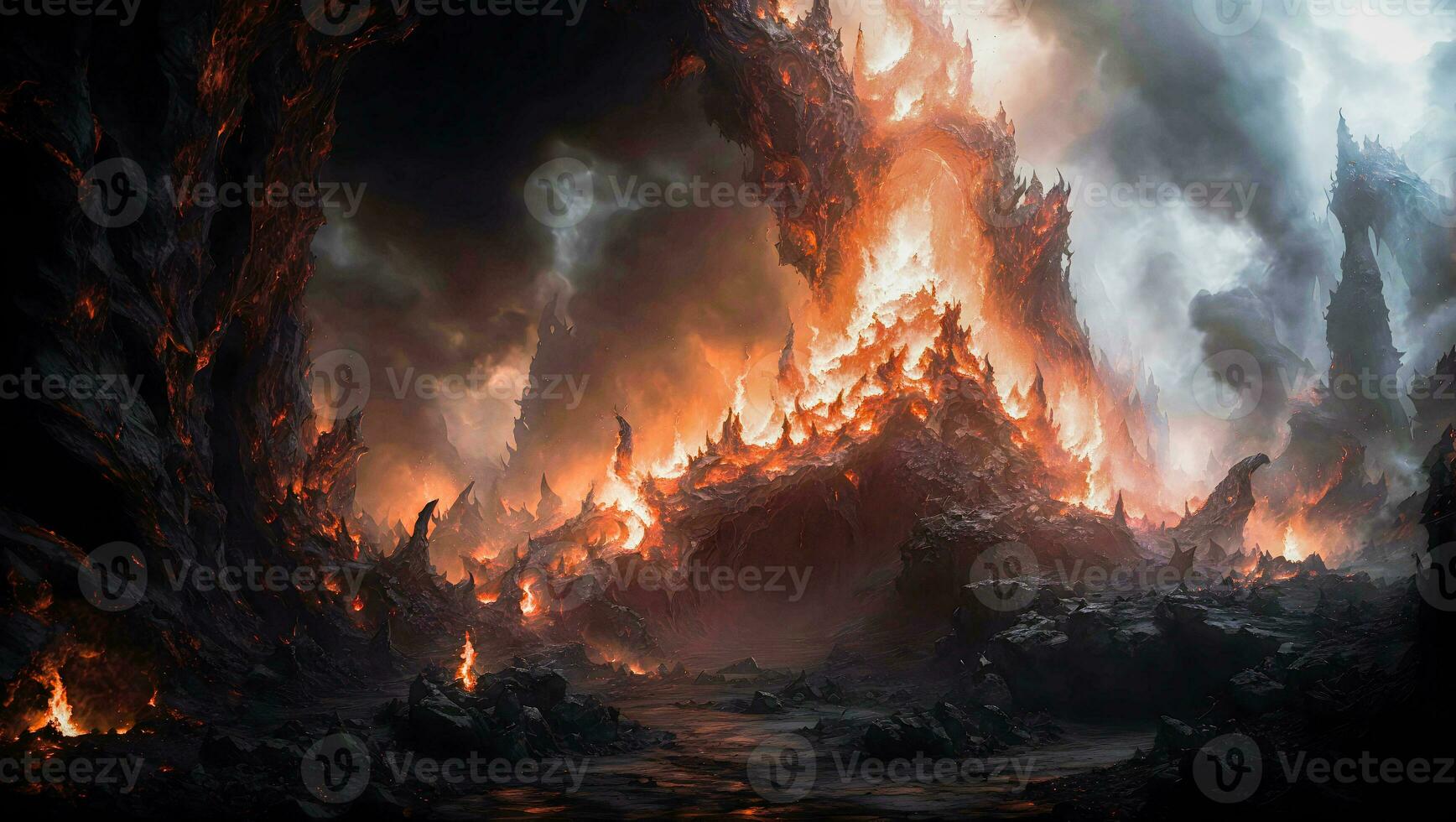 Infernal Abyss of Torment A bottomless land filled dark with terrifying rocks and burning fire. ai generative photo