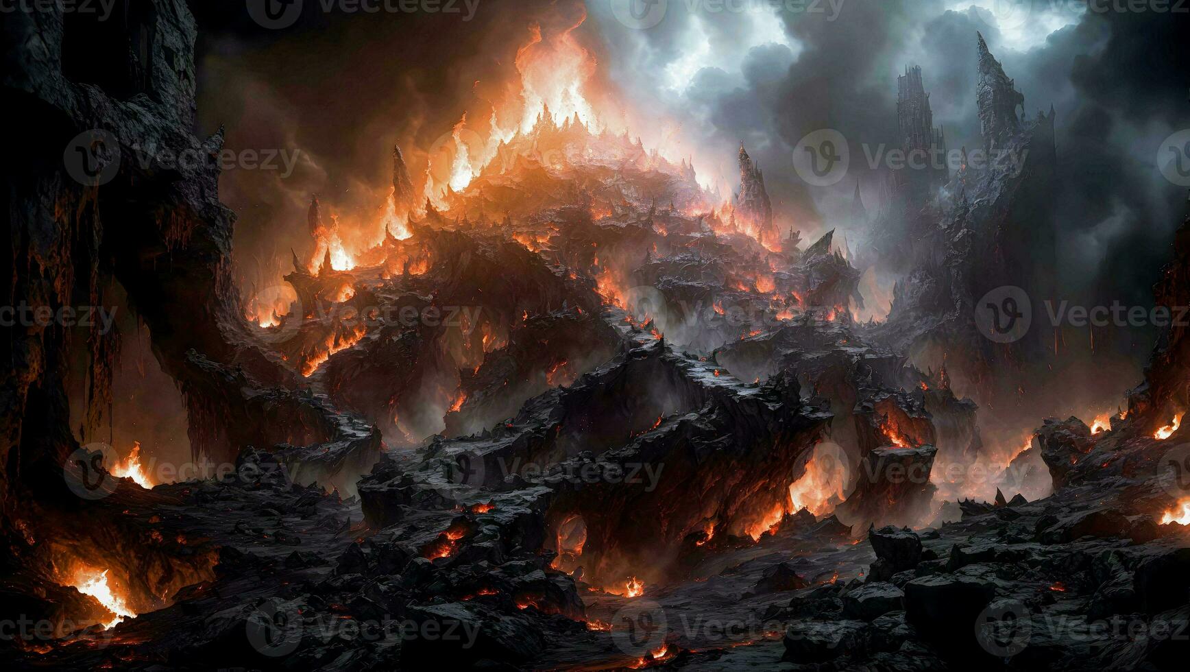 Infernal Abyss of Torment A bottomless land filled dark with terrifying rocks and burning fire. ai generative photo