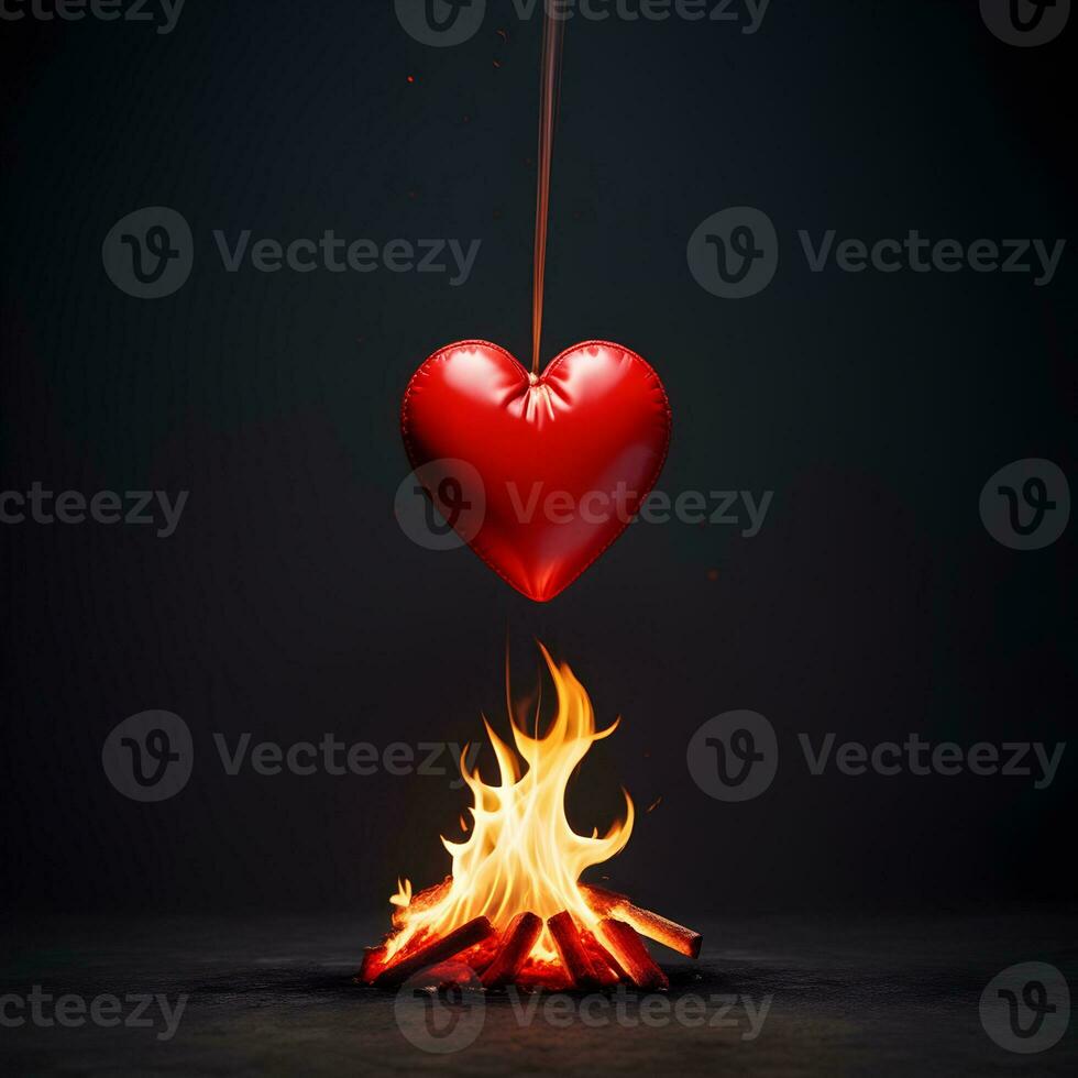 Burning heart on dark background. ai generative photo