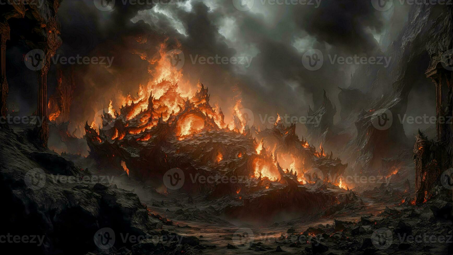 Infernal Abyss of Torment A bottomless land filled dark with terrifying rocks and burning fire. ai generative photo