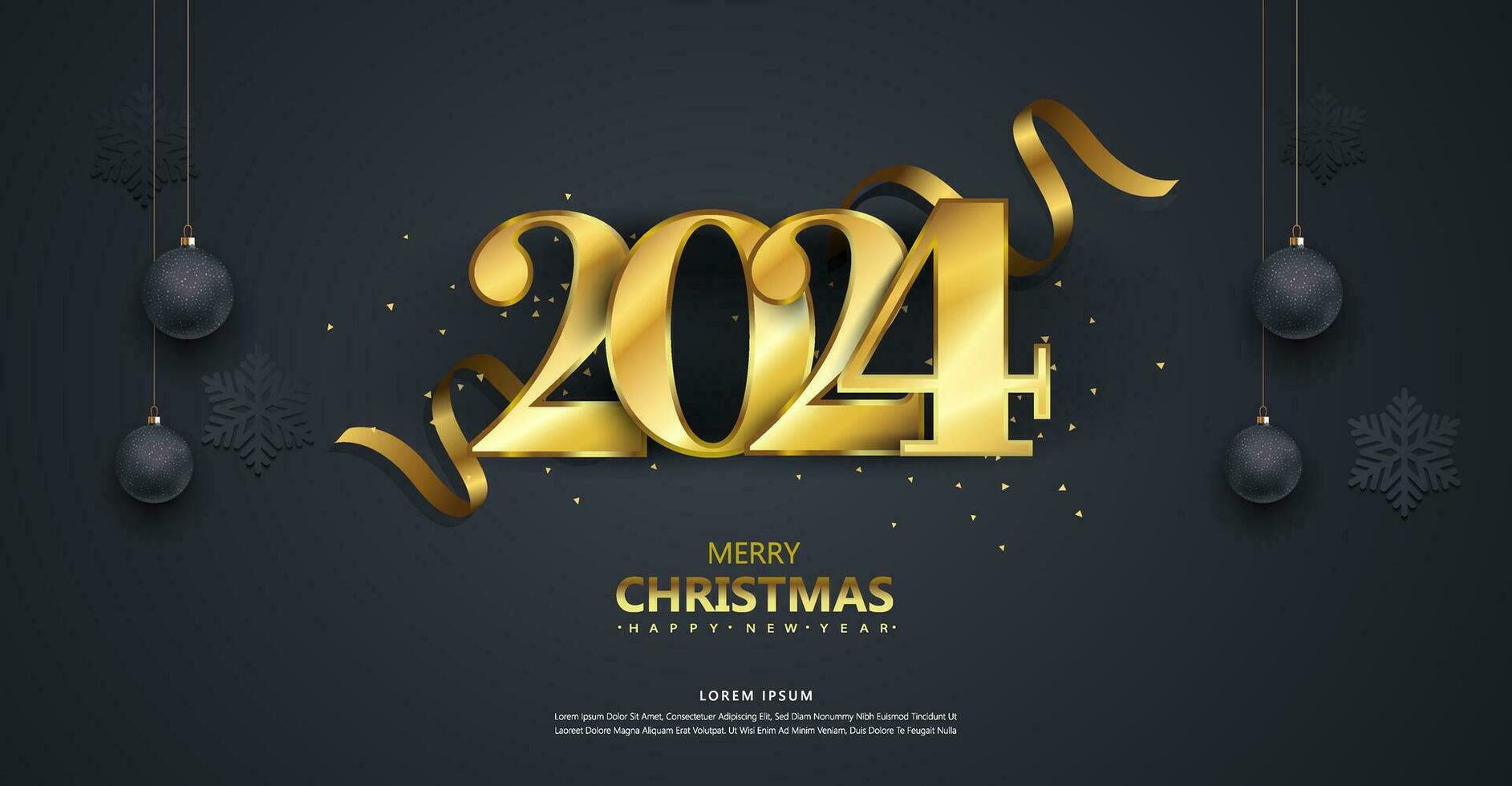 2024 Happy New Year background with golden waves swirl with golden sparkles on black background. Abstract shiny color gold wave premium holiday design element vector