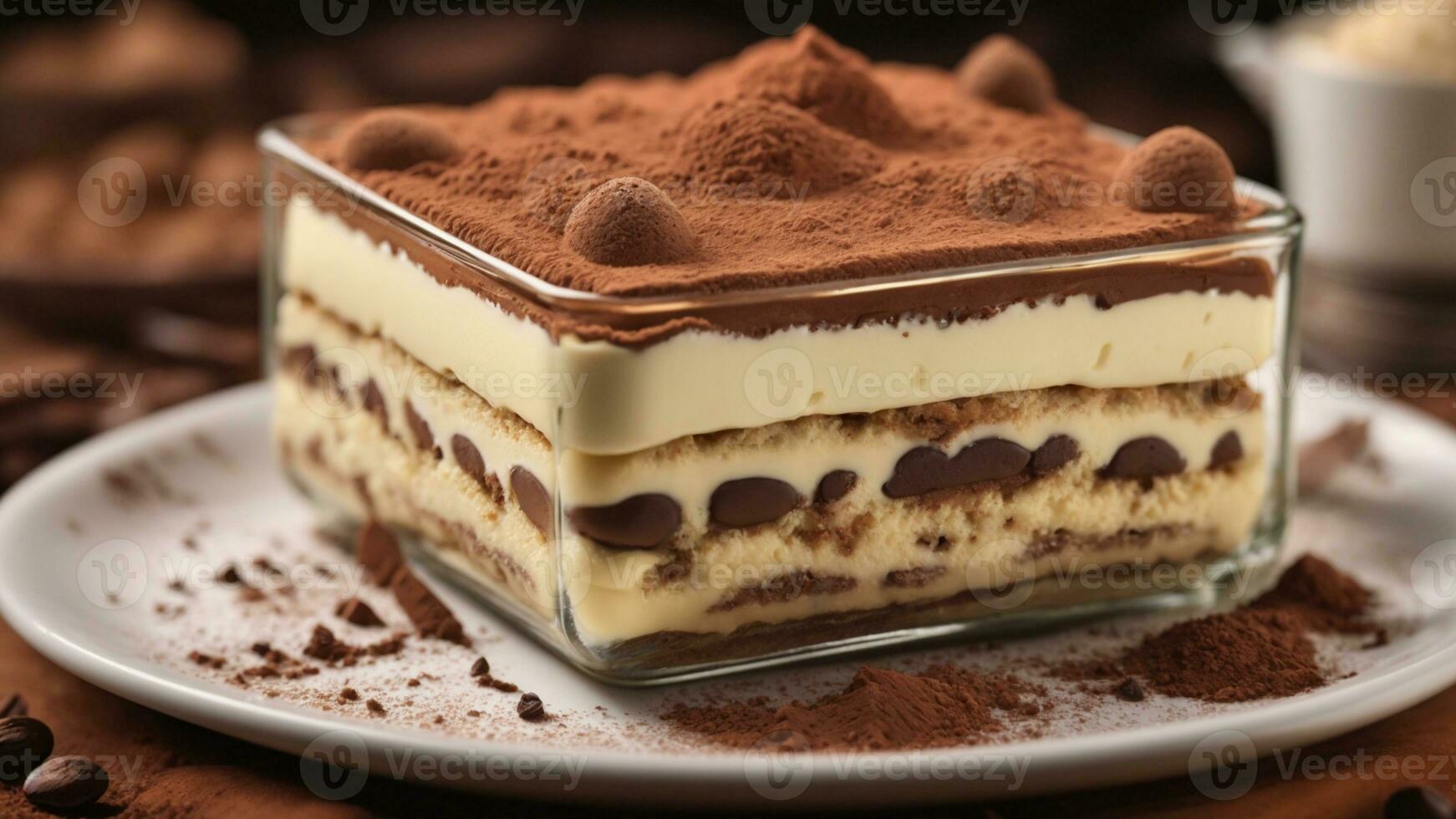 A close-up shot of a freshly prepared tiramisu, focusing on the layers of coffee-soaked ladyfingers AI Generative photo