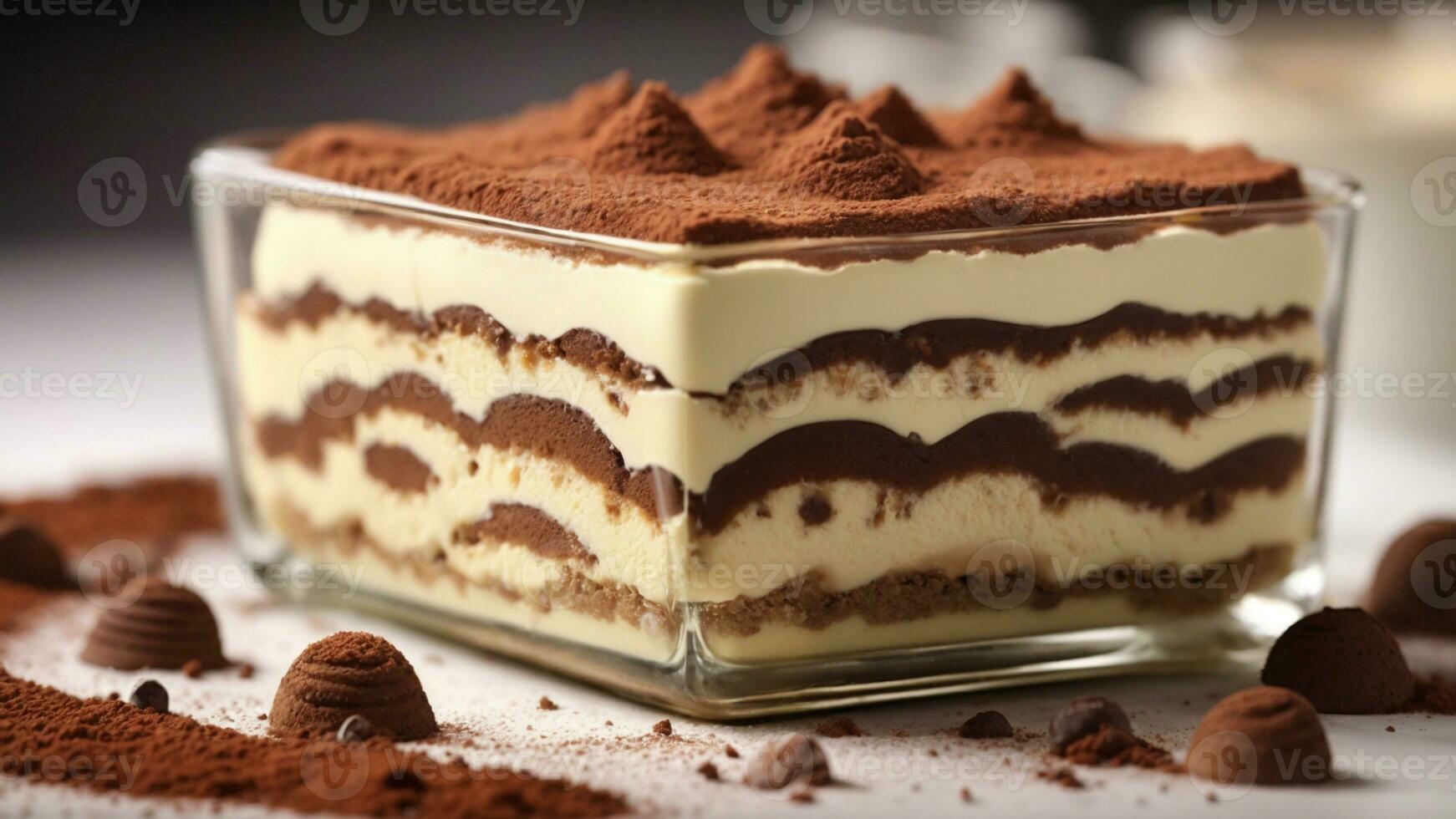 A close-up shot of a freshly prepared tiramisu, focusing on the layers of coffee-soaked ladyfingers AI Generative photo