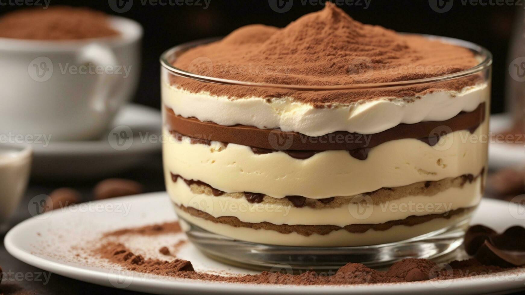 A close-up shot of a freshly prepared tiramisu, focusing on the layers of coffee-soaked ladyfingers AI Generative photo