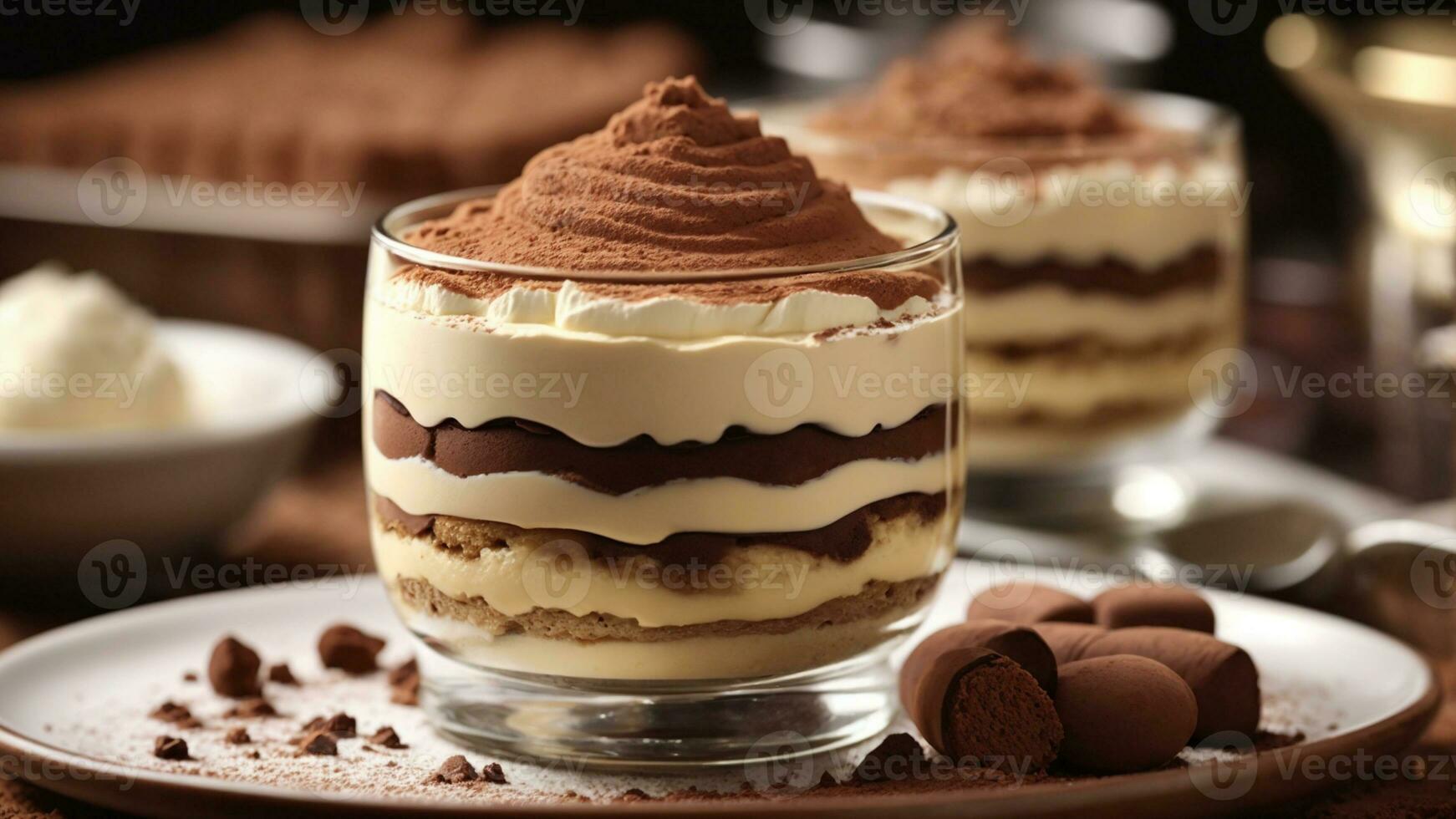 A close-up shot of a freshly prepared tiramisu, focusing on the layers of coffee-soaked ladyfingers AI Generative photo