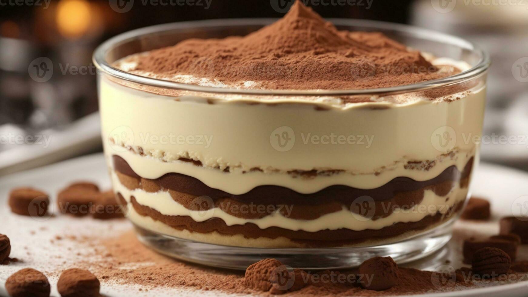 A close-up shot of a freshly prepared tiramisu, focusing on the layers of coffee-soaked ladyfingers AI Generative photo
