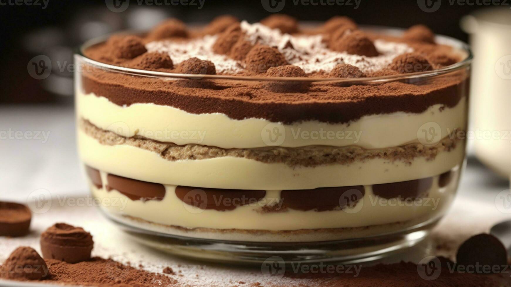 A close-up shot of a freshly prepared tiramisu, focusing on the layers of coffee-soaked ladyfingers AI Generative photo