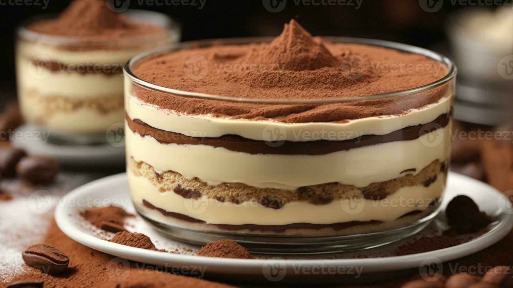 A close-up shot of a freshly prepared tiramisu, focusing on the layers of coffee-soaked ladyfingers AI Generative photo