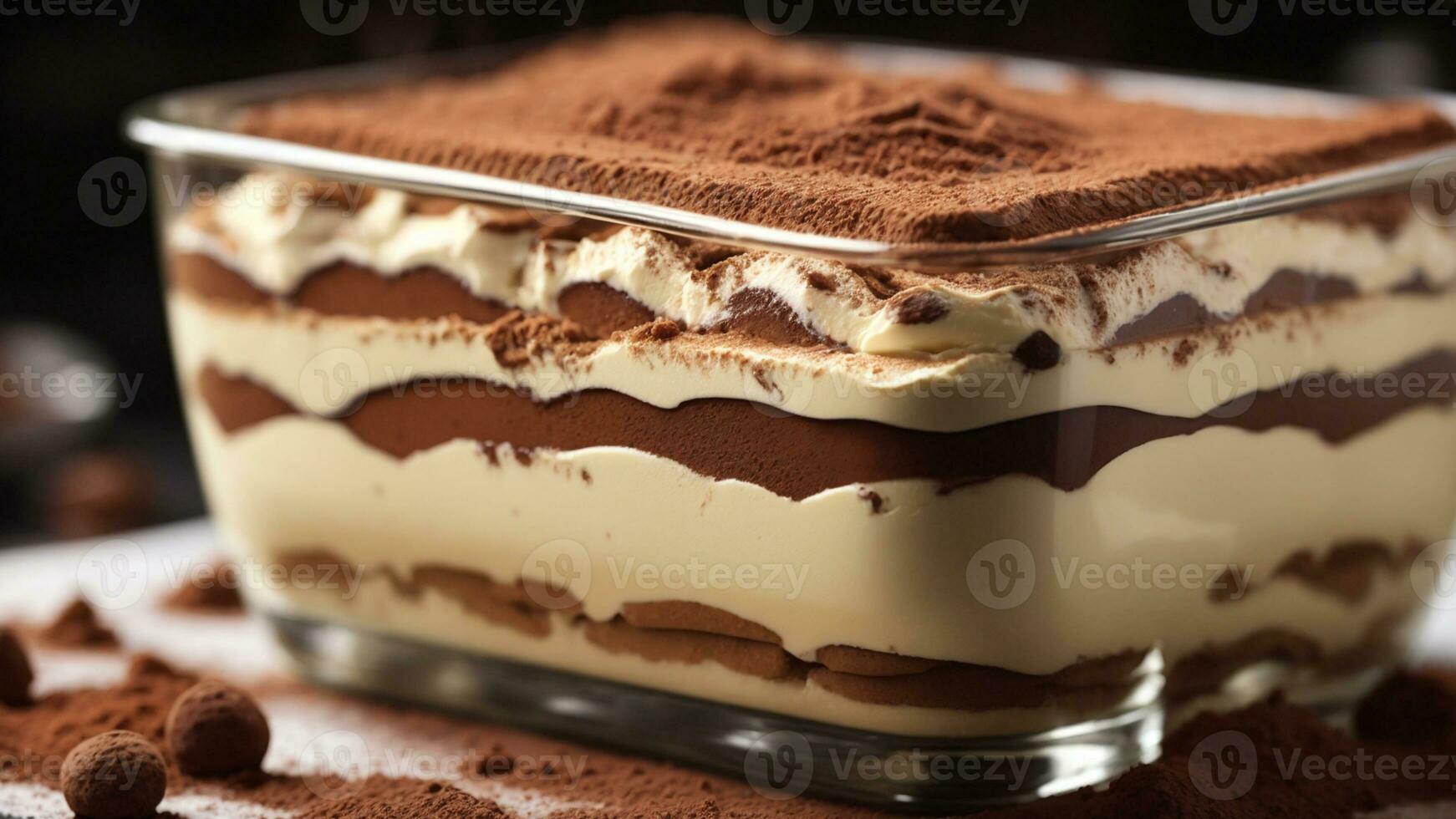 A close-up shot of a freshly prepared tiramisu, focusing on the layers of coffee-soaked ladyfingers AI Generative photo
