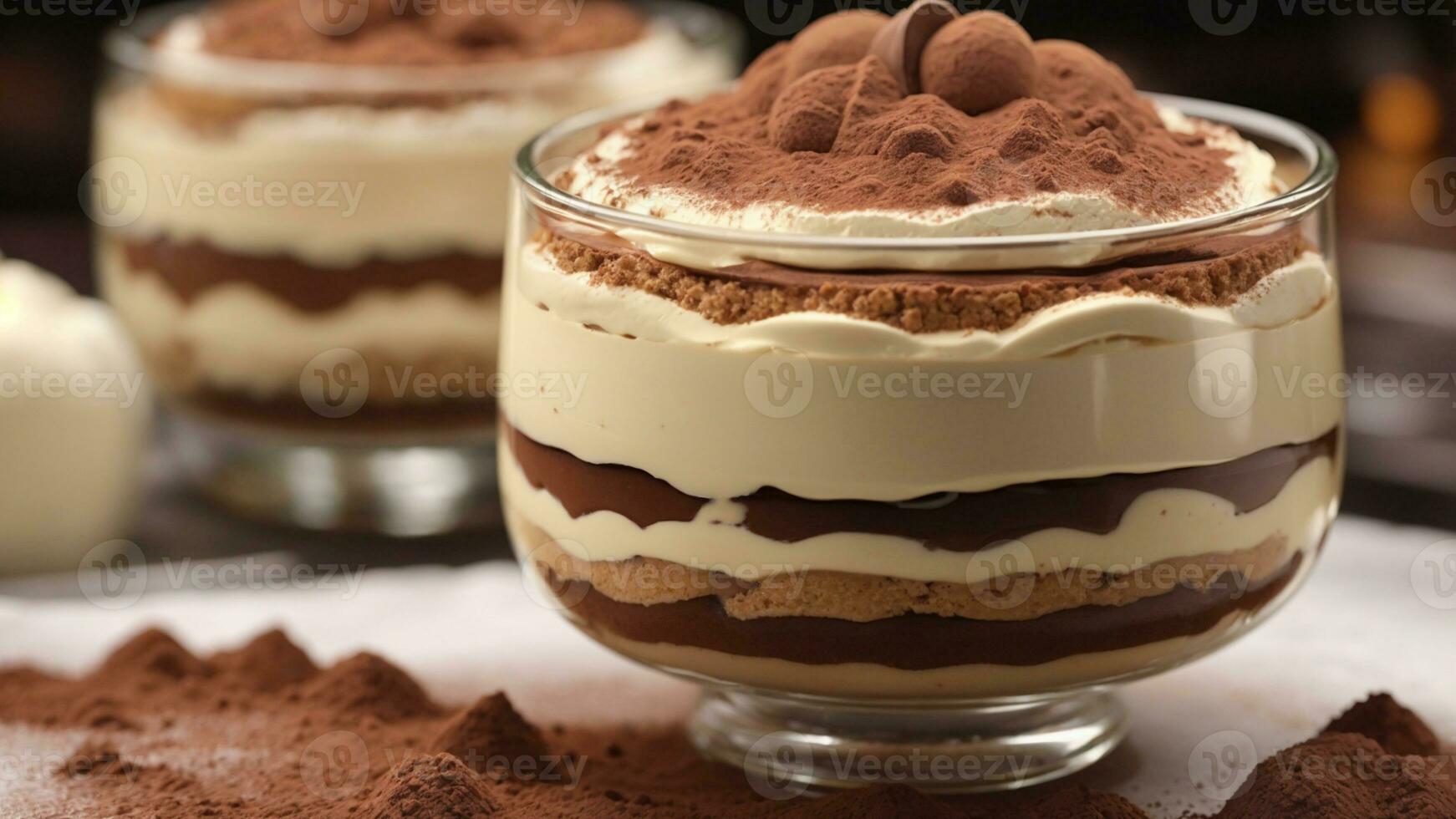 A close-up shot of a freshly prepared tiramisu, focusing on the layers of coffee-soaked ladyfingers AI Generative photo